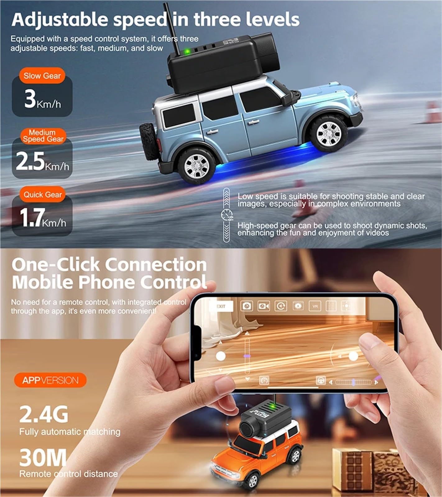 6405/6406-C 1:64 skala Mini FPV RC samochód z kamerą HD 720P, pilot zdalnego sterowania 2,4 GHz, transmisja wideo w czasie rzeczywistym, aplikacja/pilot zdalnego sterowania do wyścigów halowych