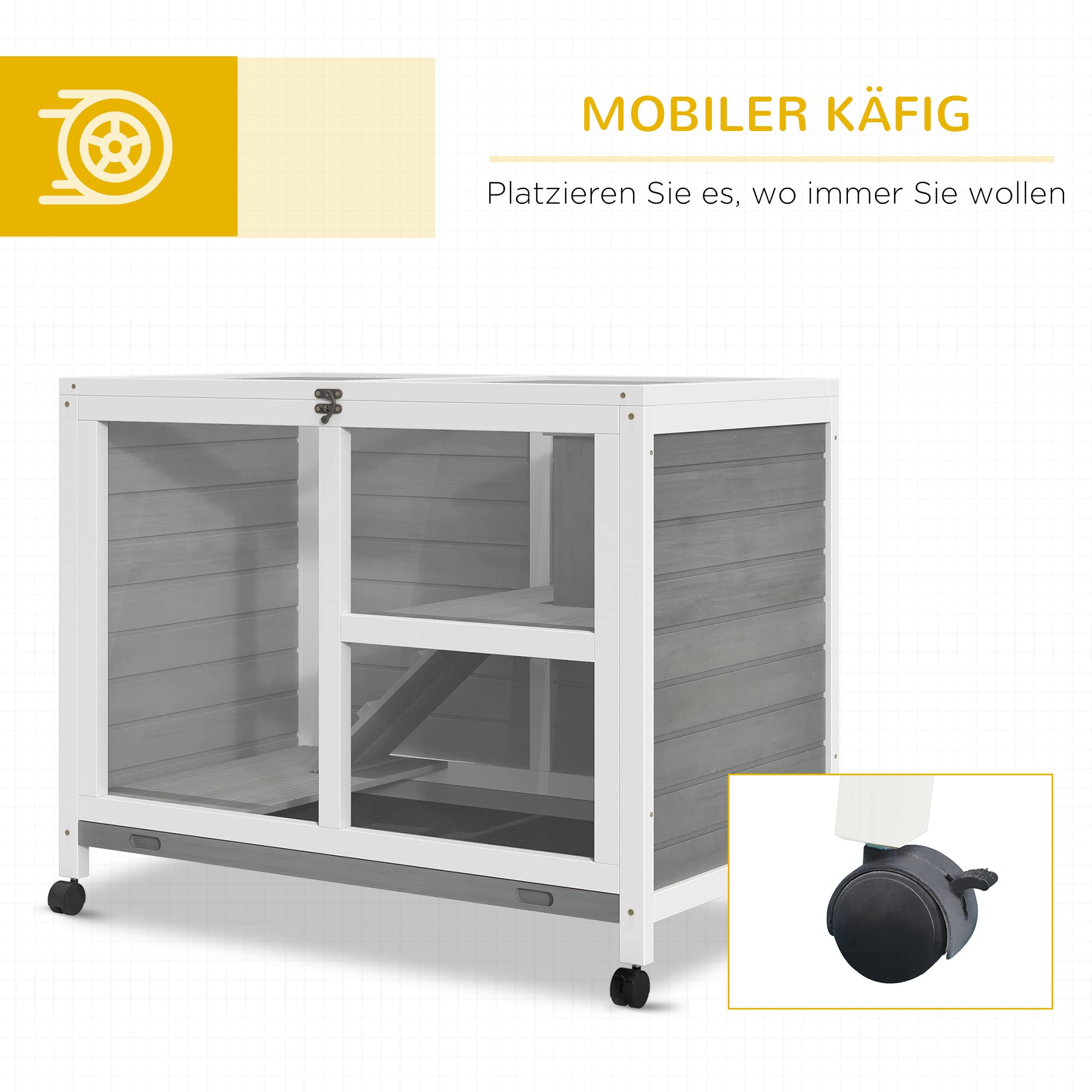 PawHut Kaninchenstall aus Holz 2 Etagen für Innen 91,5 x 53,3 x 73 cm Grau | Freilaufgehege, Rädern, Klappdach, Rampe, Tablett, Winterfest, Meerschweinchenstall, Indoor Kleintierstall, Kaninchenkäfig