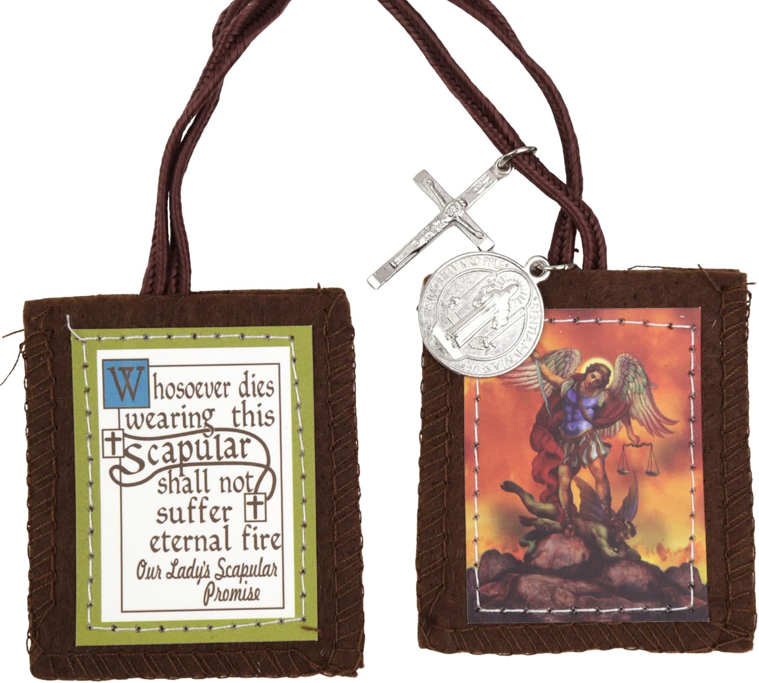 Needzo Saint Michael Brown Scapular with Medal and Cross, Devotional Pendant, Religious Keepsake Gift, 24 Inches