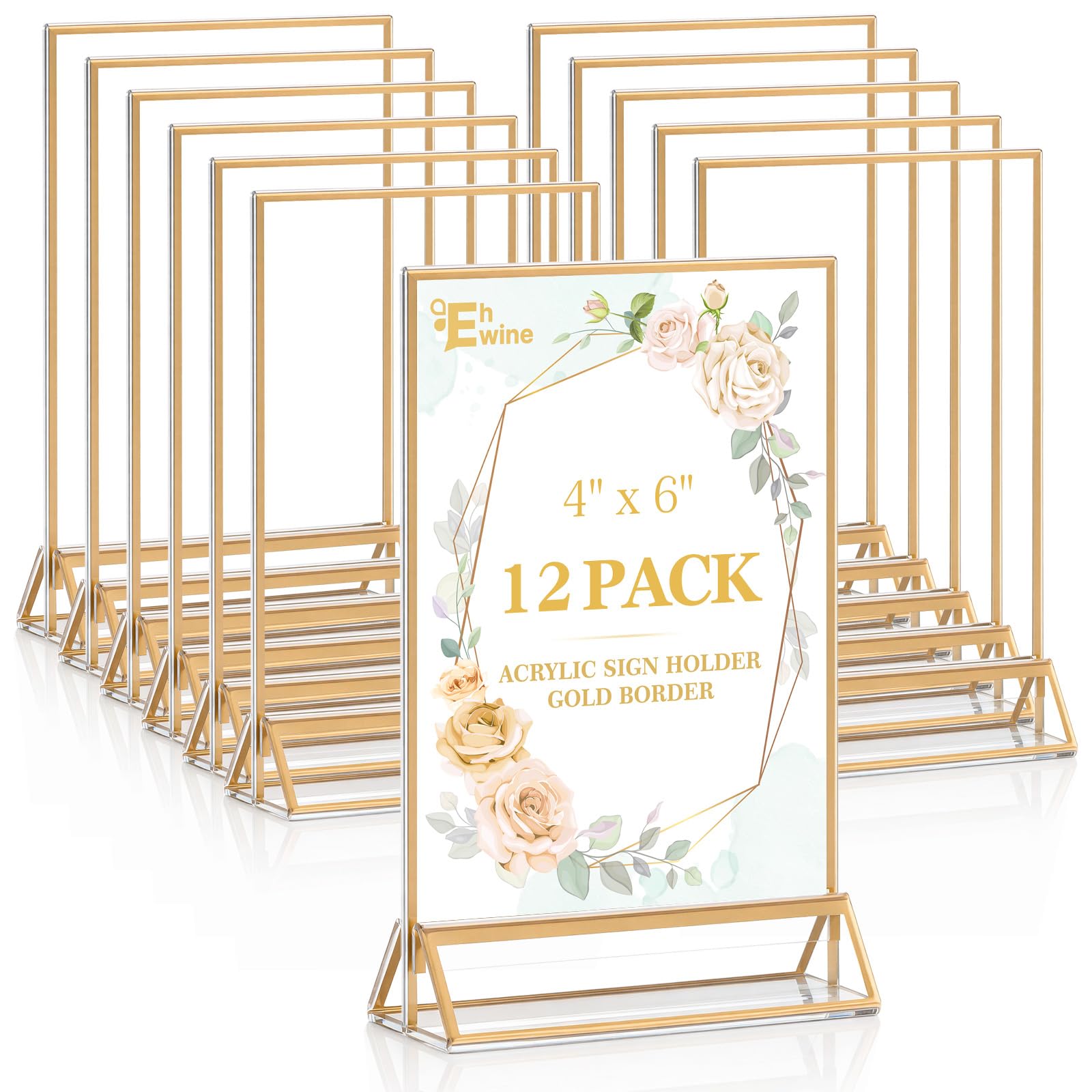 EHWINE 12 Pack Acrylic Sign Holder 4 x 6, Double Sided Gold Picture Frame Stand up Table Top Sign Holders, Clear Display Stand Menu Flyer Holder for