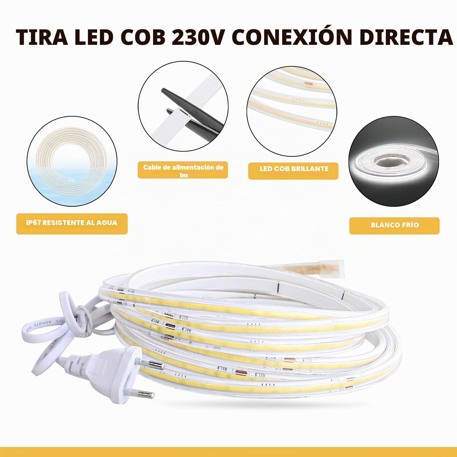 pcning Luz COB LED Tira 5 Metro 220V Blanco Calido 3000K con Enchufe sin Transformador IP67 Waterproof, 5M 230 Volt Bright LED Lights Strip (Blanco Cálido, 5M)