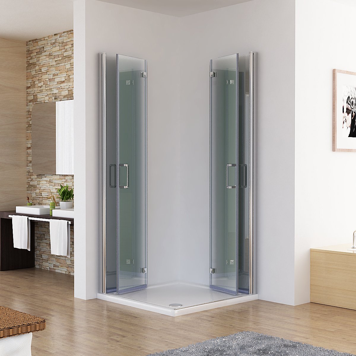 Duschkabine Eckeinstieg Dusche Falttür 180º Duschwand Duschabtrennung NANO Glas (90x90x197cm / ohne Duschtasse)