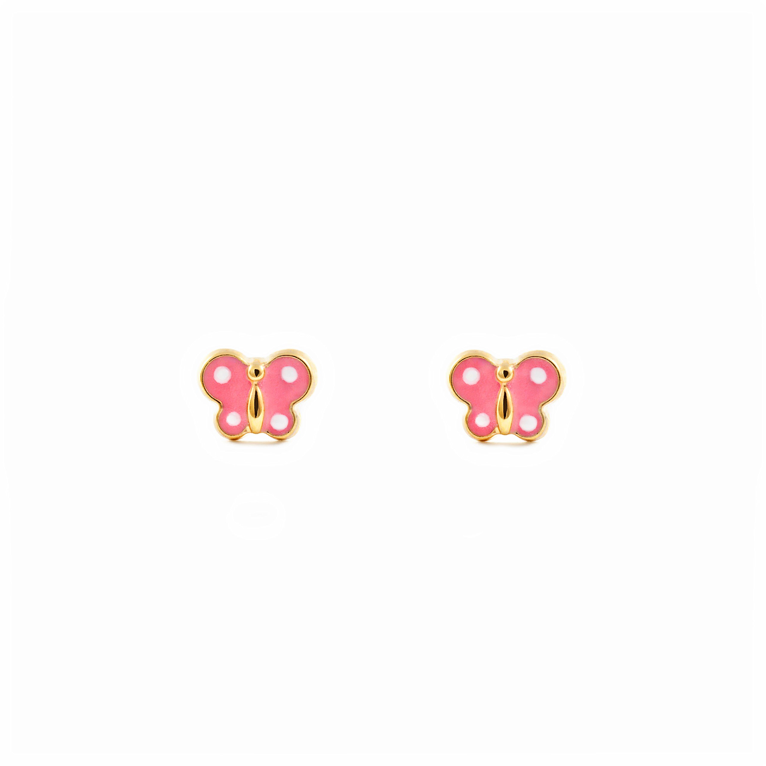 Monde Petit Pendientes Bebe o Niña Oro Mariposa Esmalte Rosa (9kts) - Estuche Regalo - Certificado de Garantía - Mondepetit