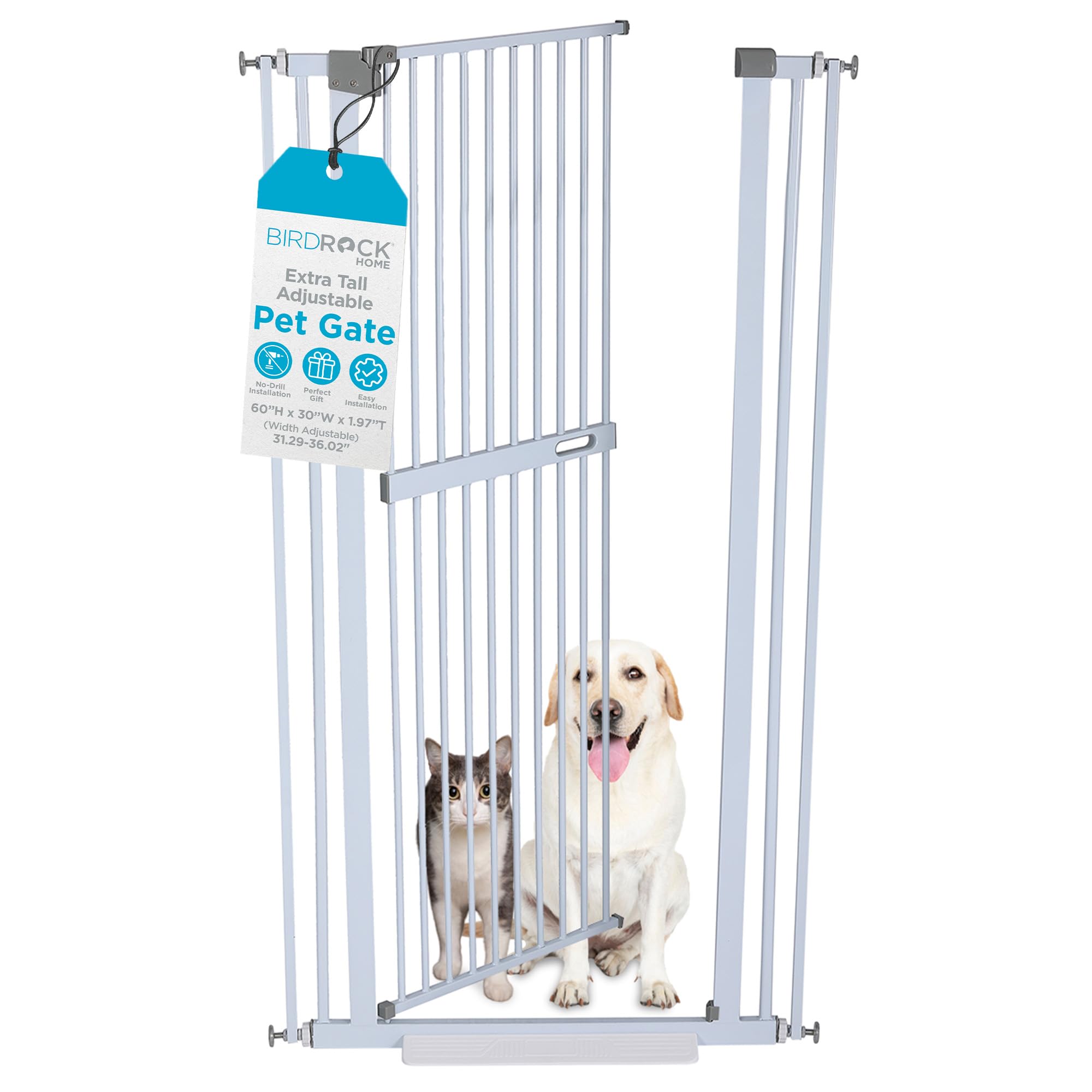 BIRDROCK HOMEExtra Tall Pet Gate for Doorways | 60in Tall Cat or Dog Indoor Gate | Adjustable 31in-36in Width | Auto Close | Includes Protective Wall Cups - White