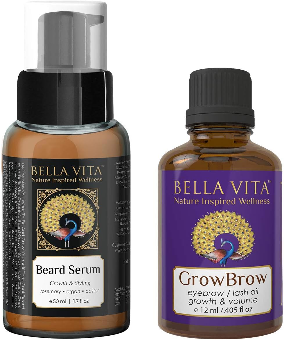 GrowBrow Bella Vita Organic Combo Eyebrows Eye Lash Hair Growth Serum and Beard Serum for Beard Growth and Styling
