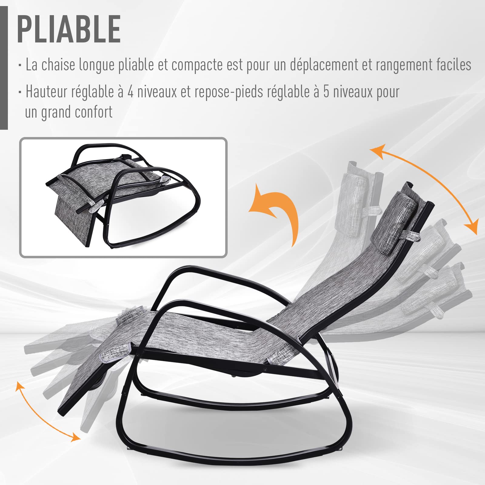 Outsunny Fauteuil à Bascule Dossier inclinable réglable Chaise Longue Pliable dim. 64L x 94l x 108H cm métal époxy Noir textilène Gris chiné