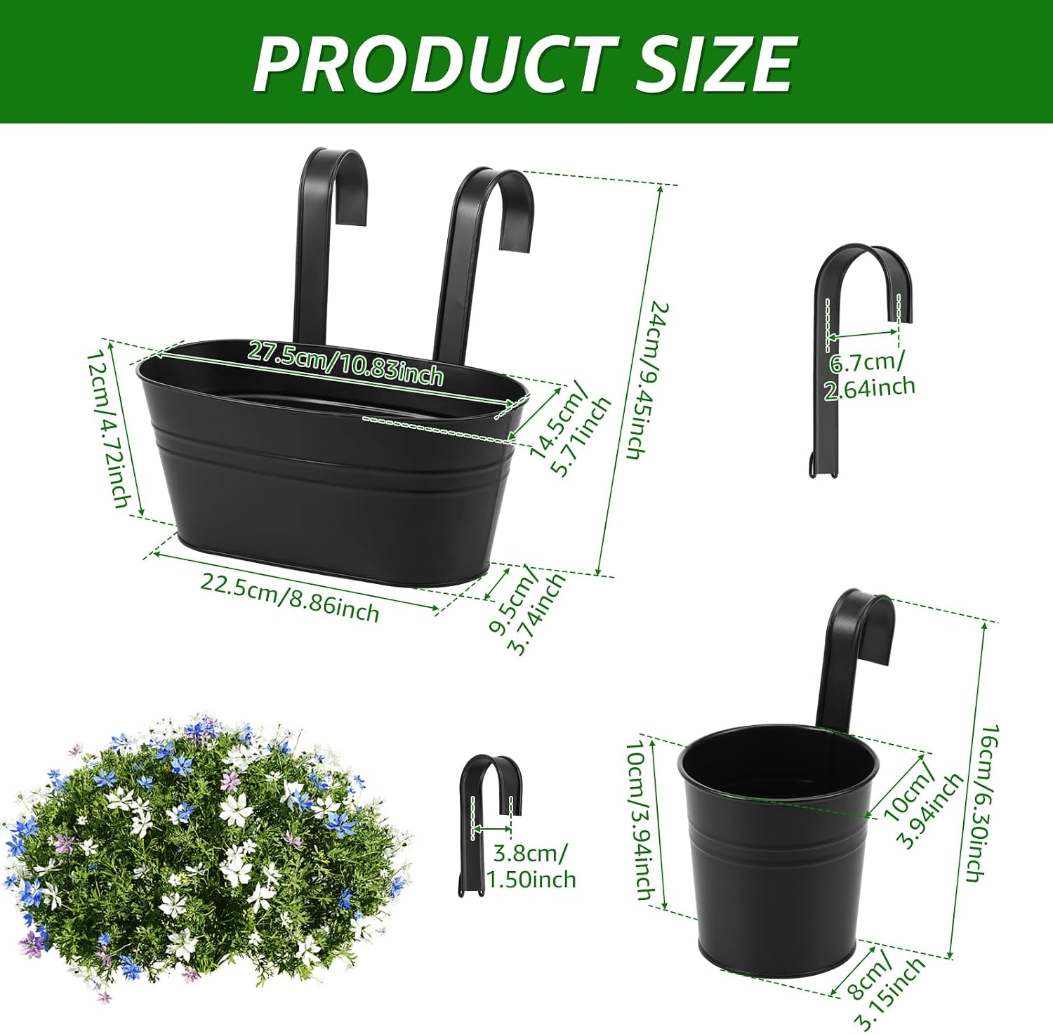 Railing Planter for Outdoor 6 Pack Large Iron Balcony Hanging Planter with Detachable Hook and Drainage Hole Rail Pot for Home Garden Fence
