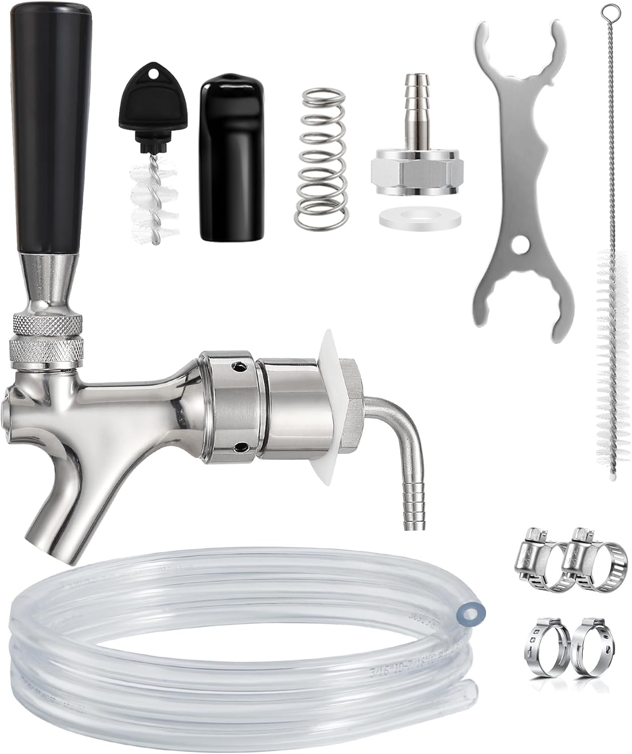 Kegerator Tap Kit Stainless Steel Beer Tap Faucet Kegerator Parts Kegerator Replacement Parts Self-Closing Beer Faucet 3/16 Beer Line Tubing Beer Line Shank Faucet Kit with Faucet Wrench