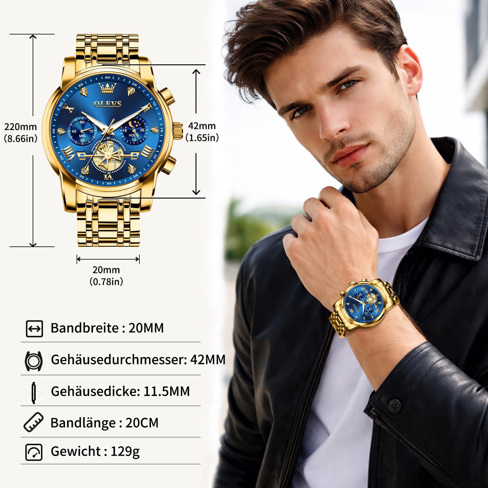 OLEVS Luxus Uhren Herren Quarz Edelstahlarmband 42mm Große 3Bar Wasserdicht