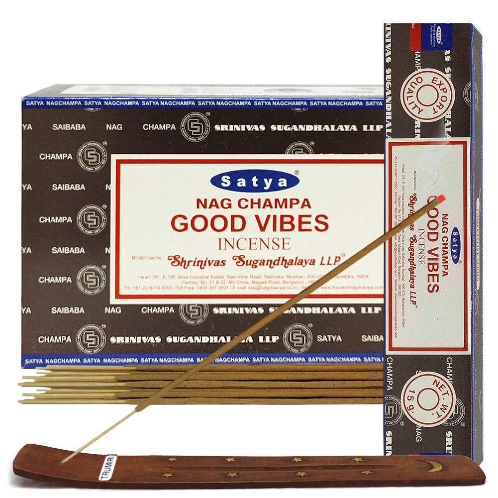 Good Vibes Räucherstäbchen und Räucherstäbchenhalter Bundle Insence Satya Räucherstäbchen