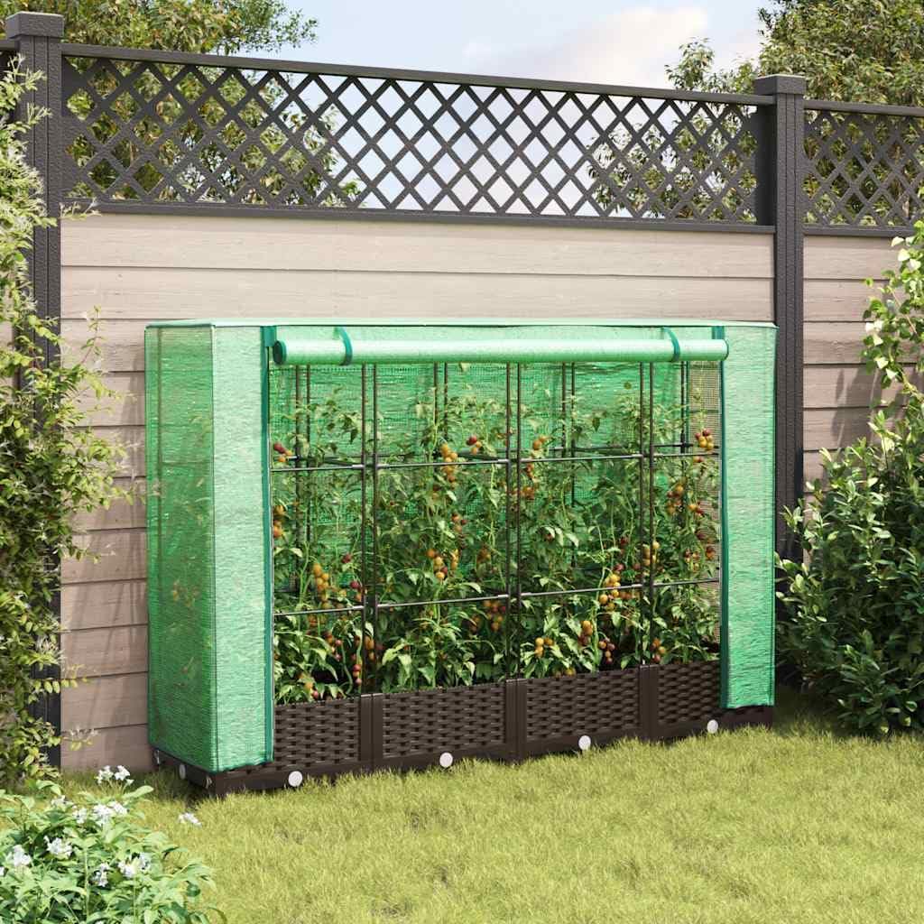 Raised Garden Bed with Greenhouse Cover, Brown Polypropylene, Polyethylene, Iron Frame, 63x15.7x48.4 inch, Rattan Look Outdoor Planter for Vegetables, Flowers