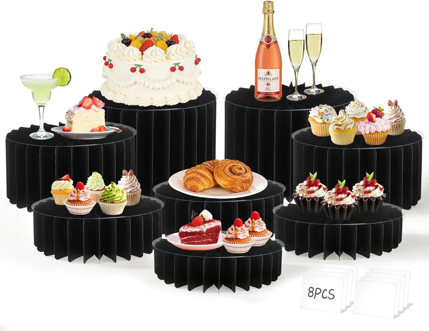 8Pack Buffet Risers Display Stands Foldable Food Risers for Buffet Table Tall Cake Cupcake Stands Cardboard Cylinder Stand Dessert Table Display Set for Catering Jewelry Wedding Party Decor (White)