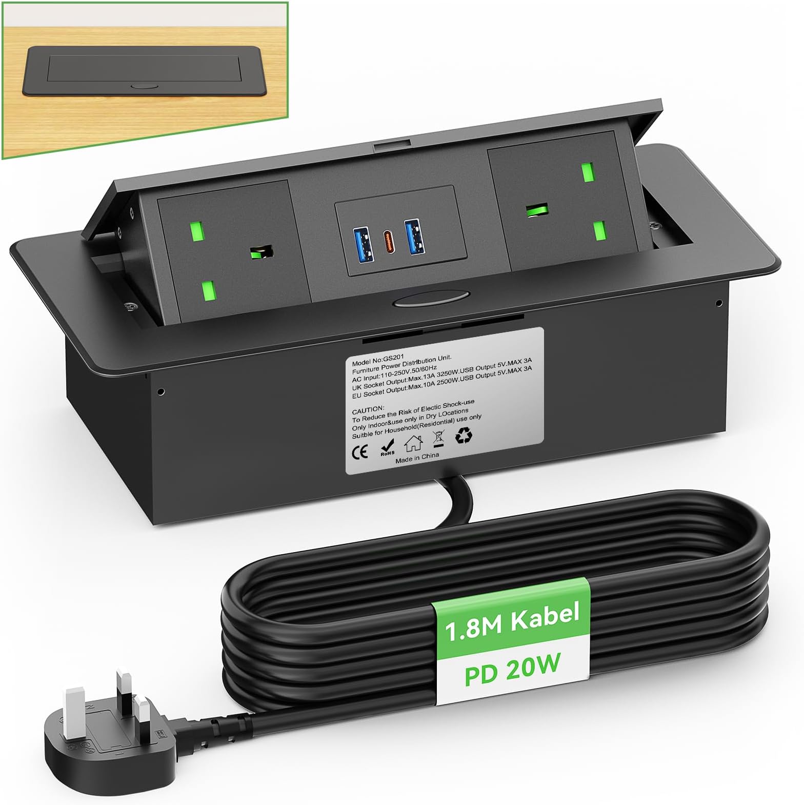 Desktop Power Socket with USB C PD20W, Aluminum Recessed Power Strip 2 UK Plug, Hidden Pop Up Sockets for Kitchen Worktops Conference Desk, Desk Power Outlet with USB C PD20W, 1.8M Cable, HANNELORE