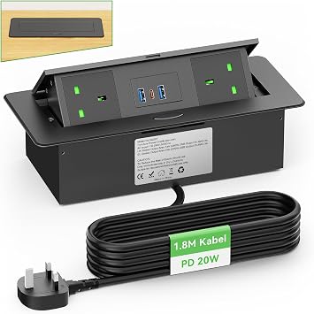 Desktop Power Socket with USB C PD20W, Aluminum Recessed Power Strip 2 UK Plug, Hidden Pop Up Sockets for Kitchen Worktops Conference Desk, Desk Power Outlet with USB C PD20W, 1.8M Cable, HANNELORE