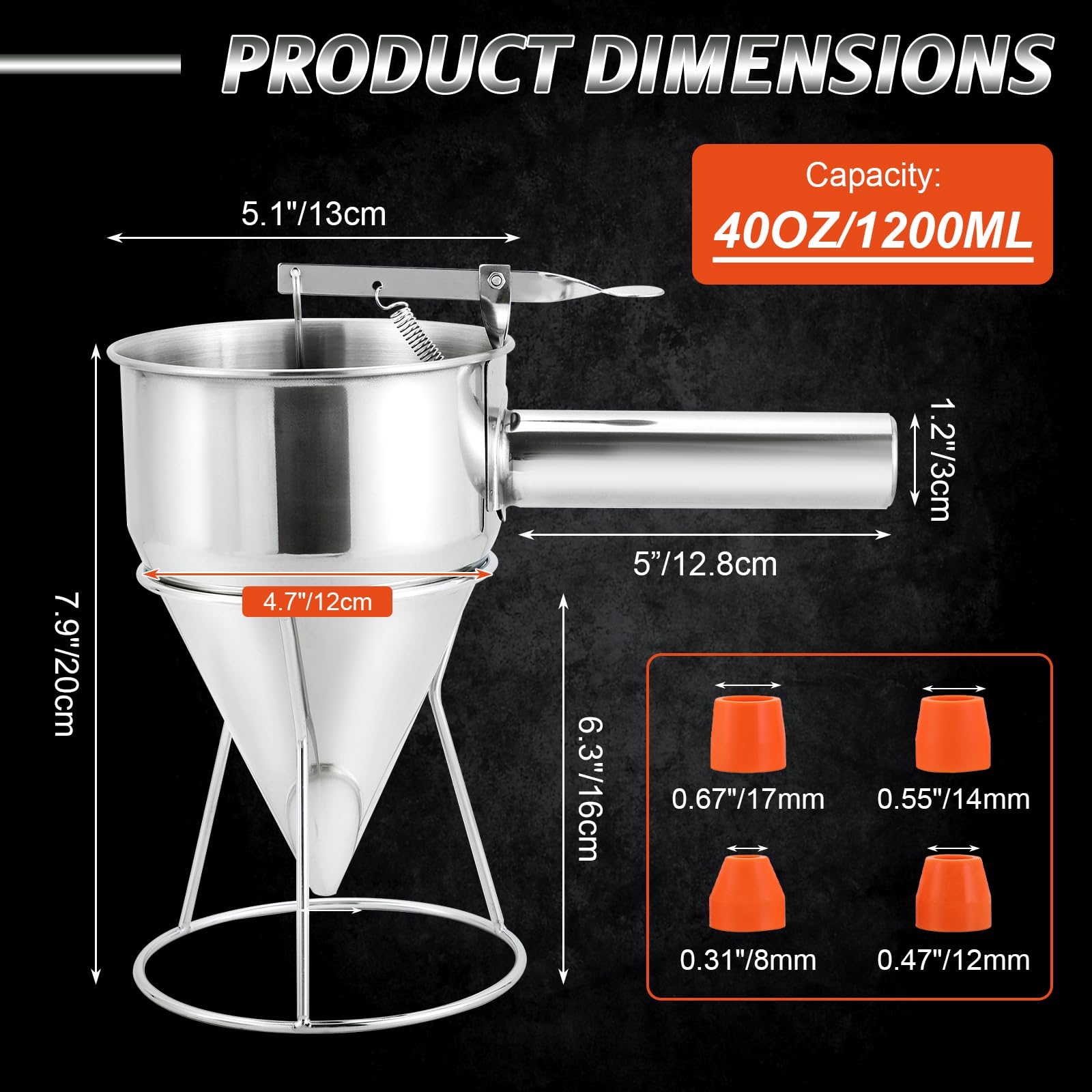 Dispensador de masa de panqueques de acero inoxidable de 40 onzas, dispensador de pastel de embudo de varios calibre con soporte, apto para panqueques, cupcakes, gofres y productos horneados 2