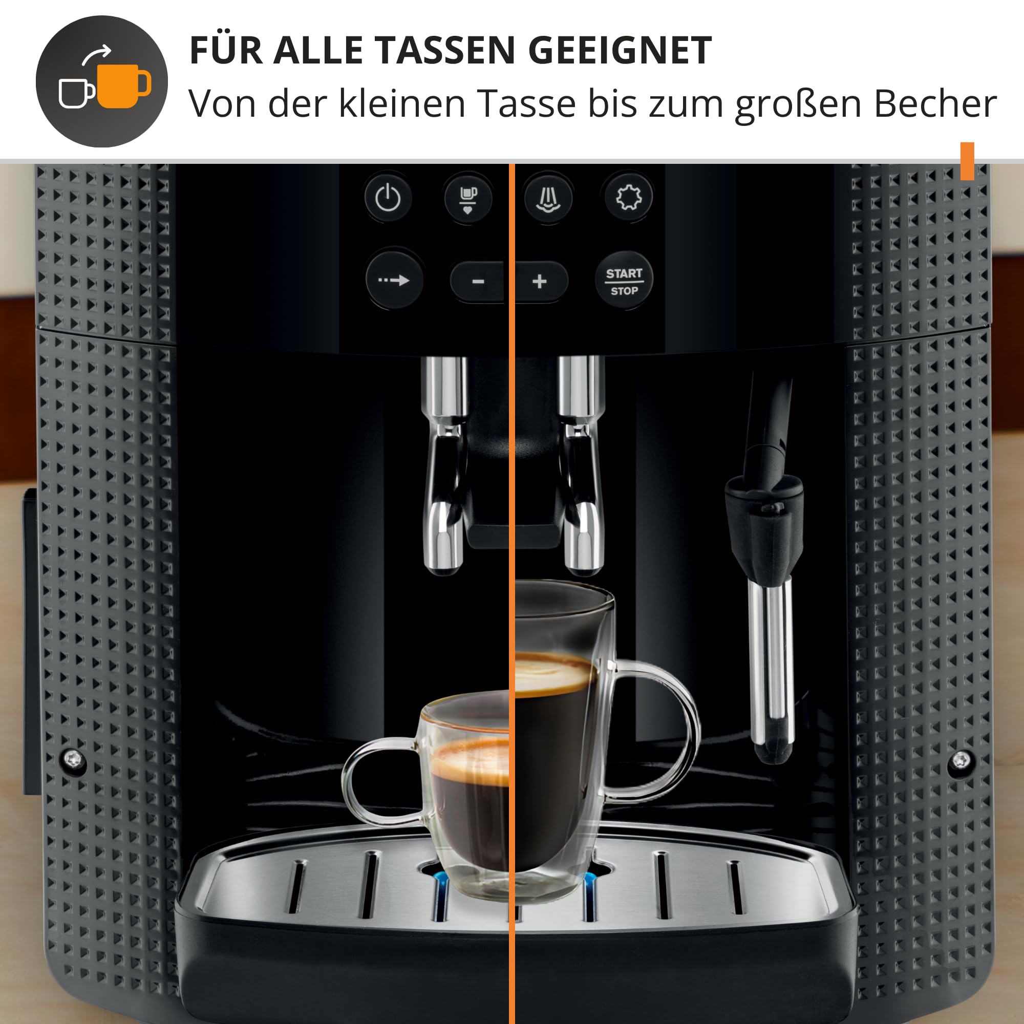 Krups Essential Coffee Machine Macinino, macchina da caffè espresso con display LCD, pulizia automatica, ugello a vapore nero per cappuccino YY8135FD