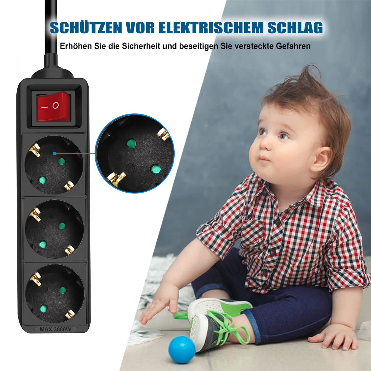 EXTRASTAR Steckdosenleiste 3-fach Mit Energiesparschalter - Flachstecker & 3m Kabel