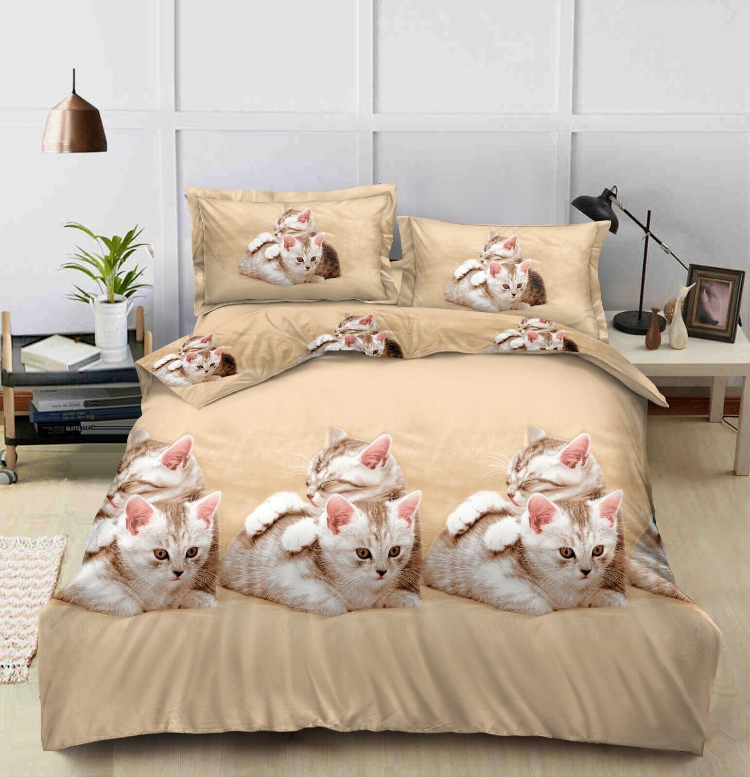 3d Design 4 Piece Complete Bedding Set Digital Floral, Animal Printed Duvet Cover with Fitted Sheet Pillowcases (Kitten 344, Single)