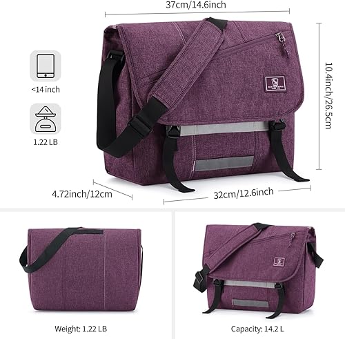 Miniatura 4 de OIWAS Bolsa de mensajero para mujer, lona de 14 y 15.6 pulgadas, maletín para computadora portátil, mochila escolar para hombre, Morado, 14 pulgadas