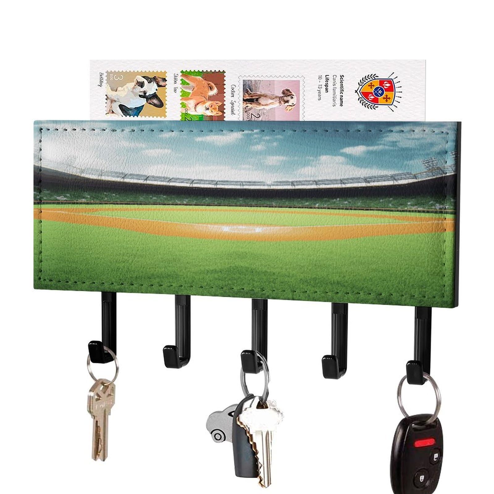 JTREHY Green Baseball Field Backdrop Key Holder Wall Mount Decorative Key and Mail Holder PU Leather Adhesive Key Organizer Hanging Key Hooks Wall Shelf with 5 Hooks for Entryway Hallway Office