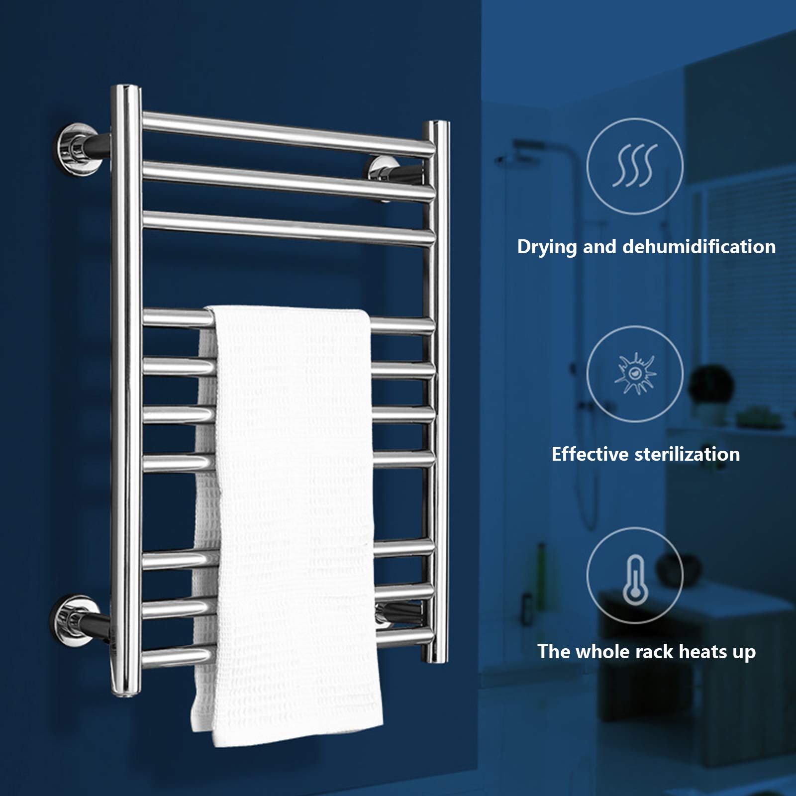 Scaldasalviette elettrico in acciaio inox, 10 bar, per bagno, montaggio a parete o soluzione efficiente per asciugare i panni, cablato e dal design pratico