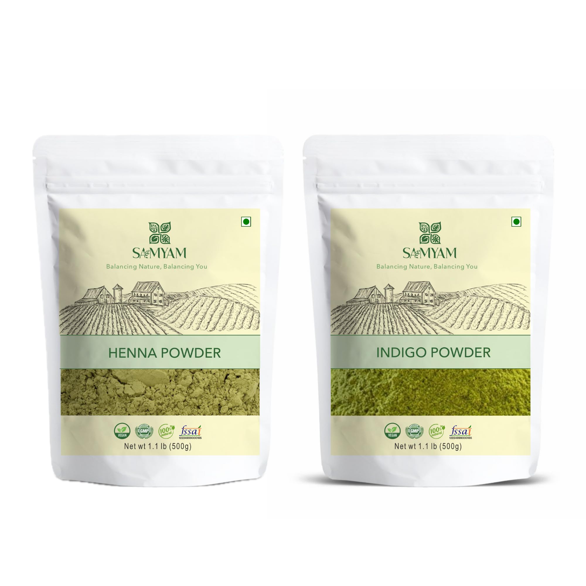 SAMYAM Pure Henna and Indigo Powder Combo - 500g Pack Each, 500 g (Pack of 2)