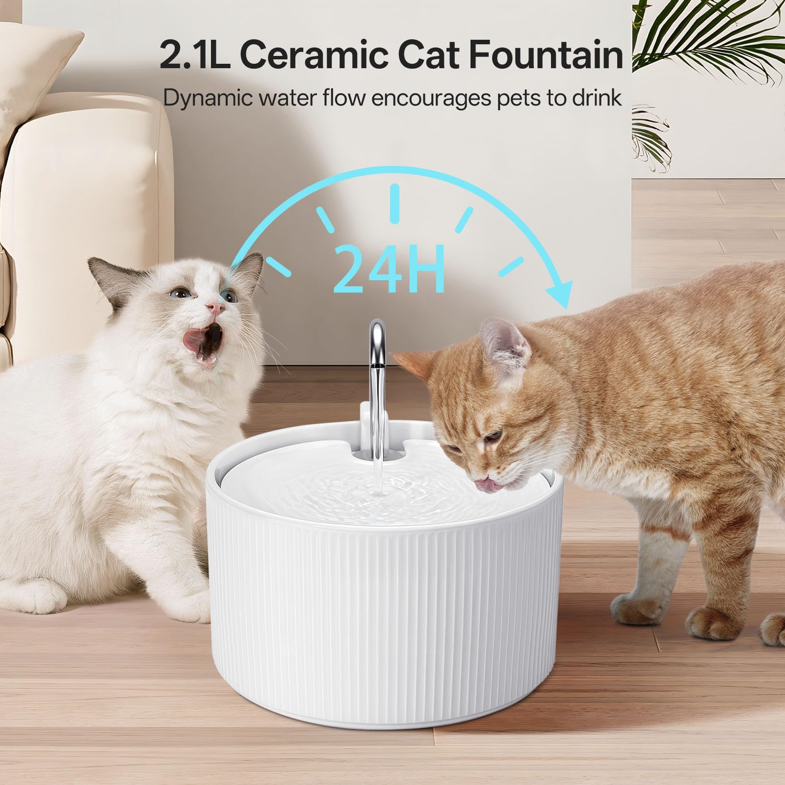 Fuente para gatos de cerámica, 2,2 L, dispensador de agua súper silencioso para mascotas, con filtro de carbón activo, cerámica quemada a altas temperaturas, materiales limpios y seguros