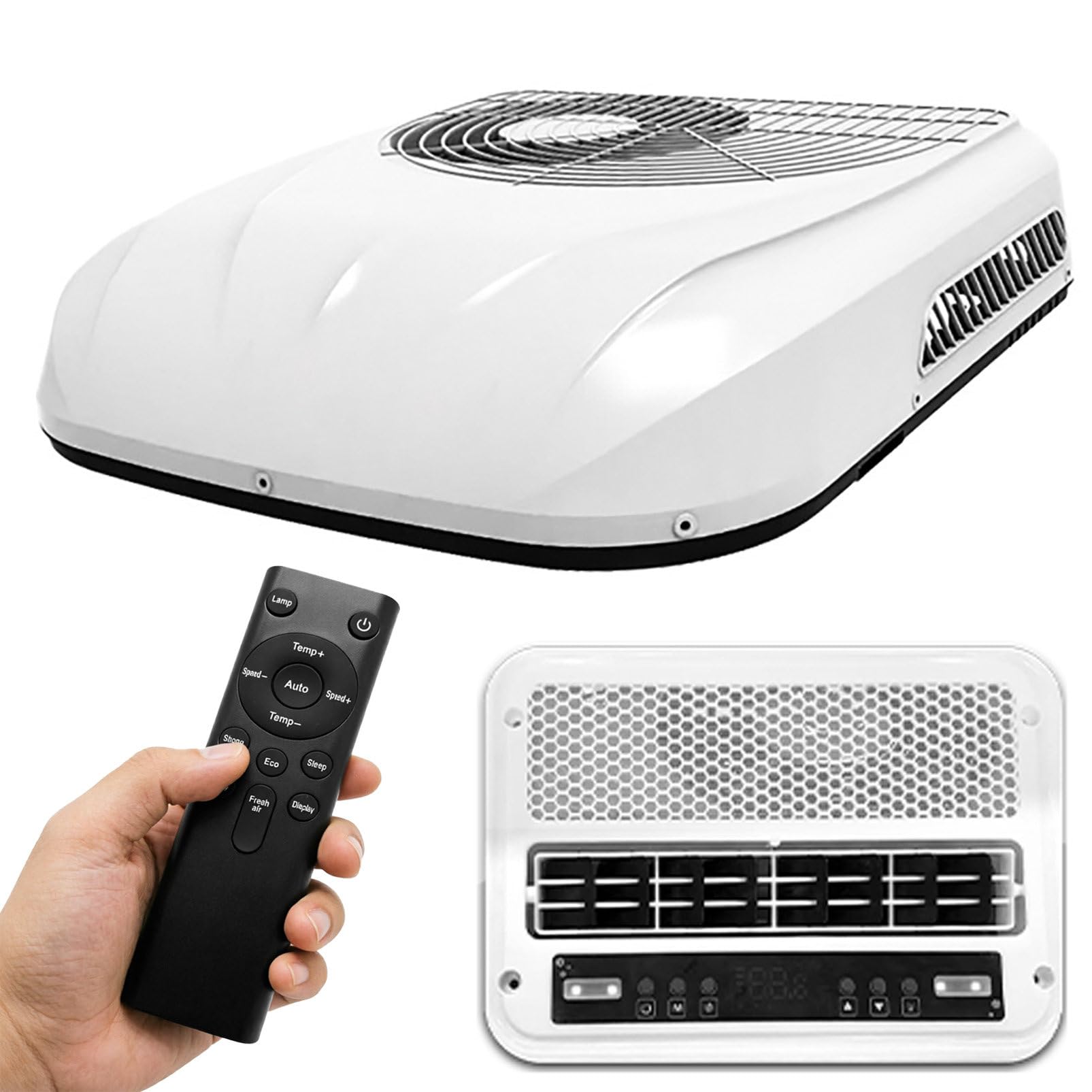 12V DC RV Air Conditioner | 8500 BTU Low Power Draw | Camper Rooftop AC Unit with Remote Control | Cooling & Heating | Battery Powered | 45dB Ultra Quiet | for Camper Van and Truck Cool+Heat-12V