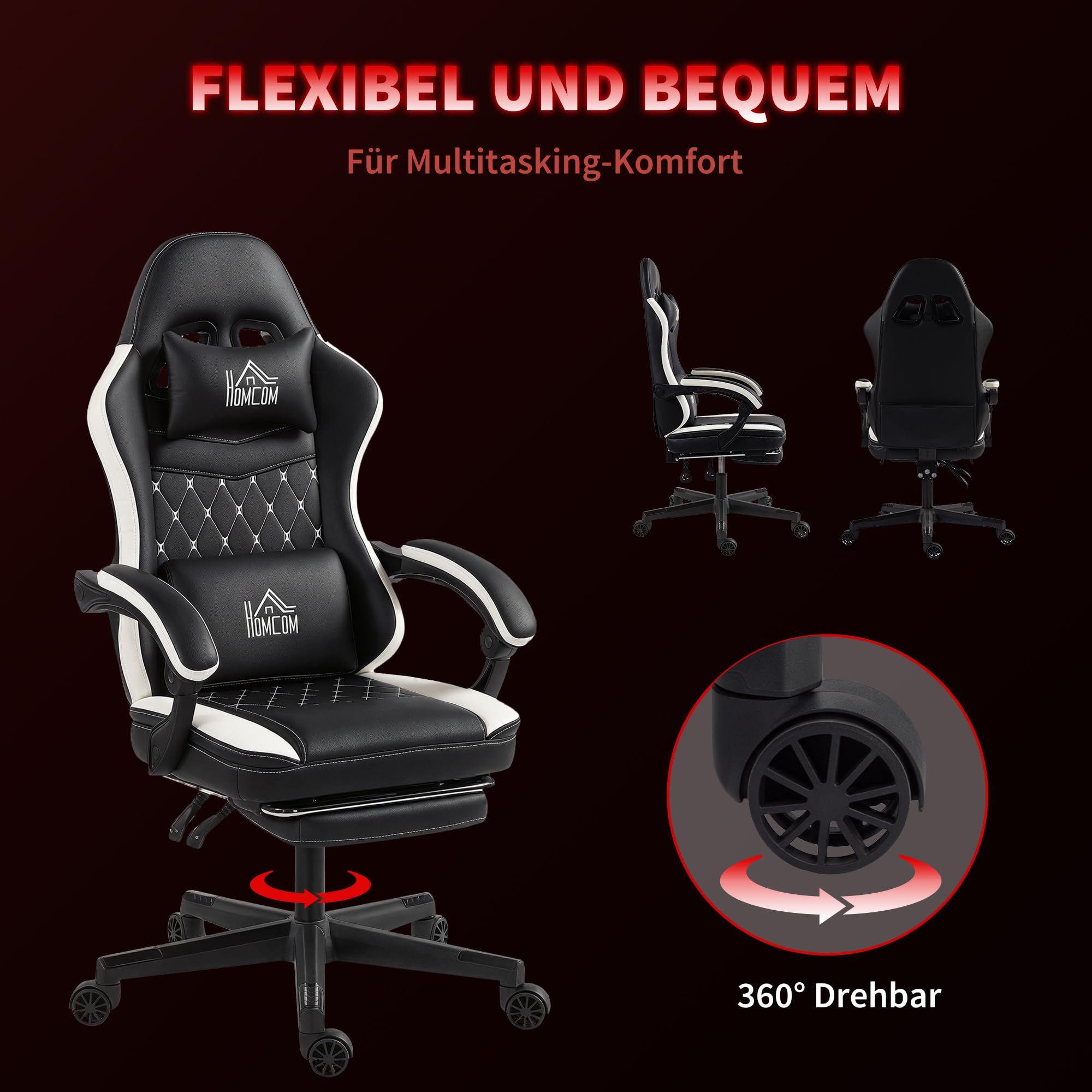 HOMCOM Fotel gamingowy, ergonomiczny fotel dla graczy z podparciem okolic lędźwiowych, podnóżkiem, z regulacją wysokości, fotel gamingowy z poduszką pod głowę, krzesło biurowe z diamentowym szytym