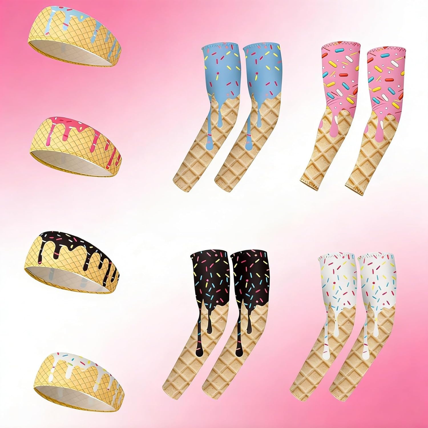 8 Pcs Ice Cream Baseball Drip Set Headband and Ice Cream Drip Baseball Arm Sleeve for Softball, Running Athletic Performance Gear for Youth Adults