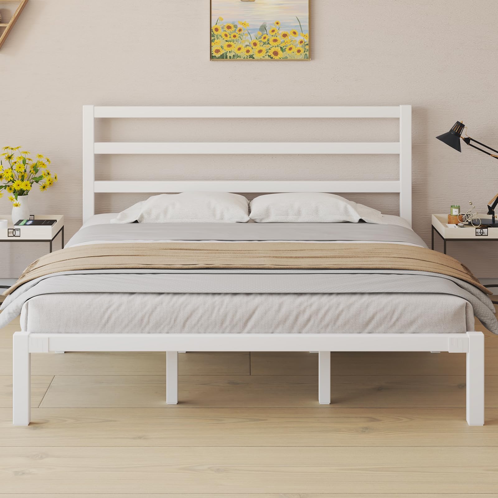 LOEWAY King Size Bed Frame, Metal Platform Bed Frame with Headboard, Large Under Bed Storage, Strong Metal Slats Support, No Box Spring Needed, Easy