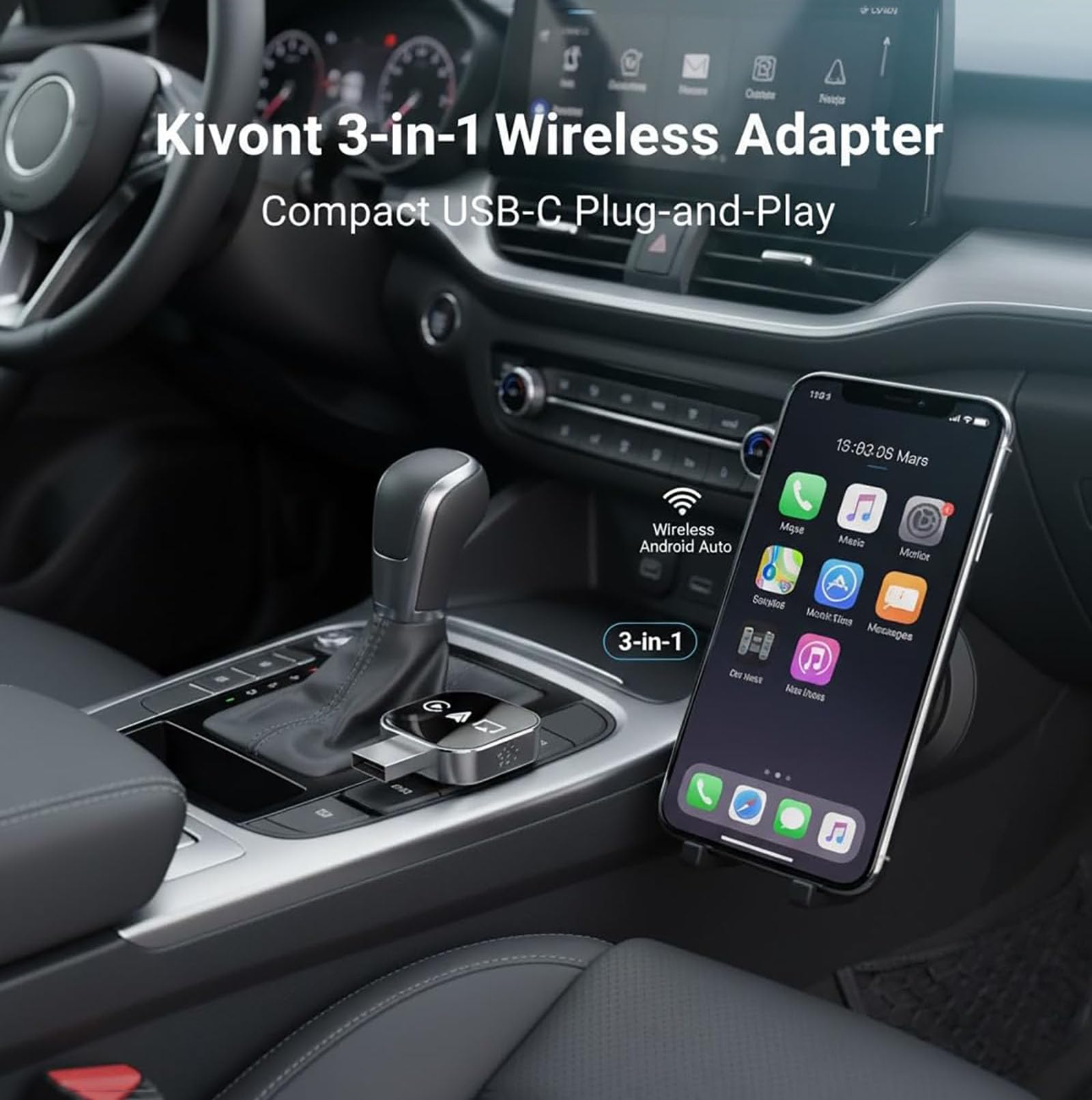 Adattatore 3 in 1 Kivont, Adattatore per auto 3 in 1 Kivont, Dongle CarPlay wireless aggiornato al 2026 con WiFi 2,4/5 GHz e Bluetooth 5.0, Plug and Play (for iPhone)