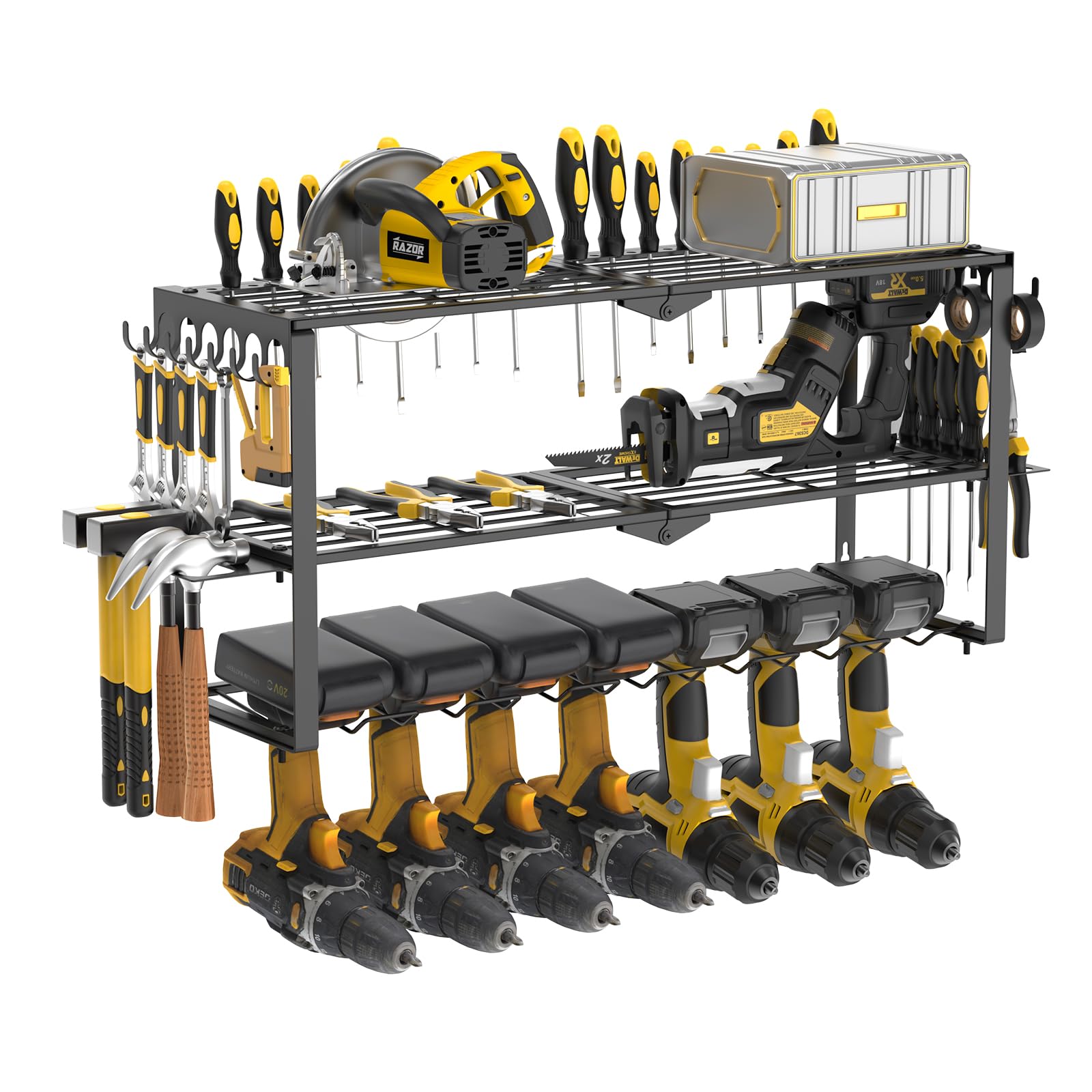 Snowtaros Power Tool Organiser Wall Mounted, 3-Tier Heavy Duty Garage Tool Storage Rack with 7 Drill Holders, Iron Tool Organizer for Cordless Tools, Workshop, Shed, Pegboard & Utility Room
