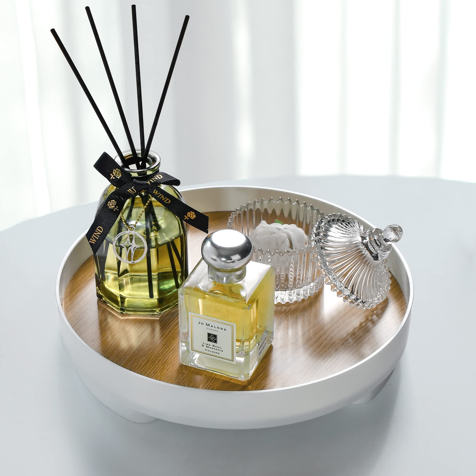 PETIARKIT Home Decorative Tray, 9” Round Bathroom Tray, Round Serving Tray, White Vanity Tray for Home Decor, Bathroom, Countertop, Living Room, Kitchen, Cosmetic, Skincare, Perfume, Candles (Small)