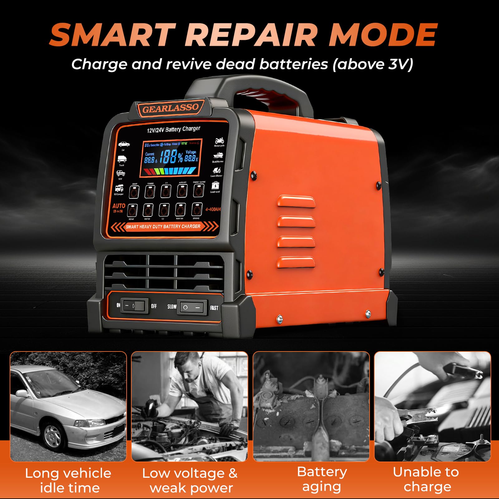 Chargeur de batterie de voiture 12 V 24 V très résistant, mainteneur de batterie automatique 0-15 A avec 10 modes, y compris les arrêts automatiques, la réparation, l'hiver, chargeur