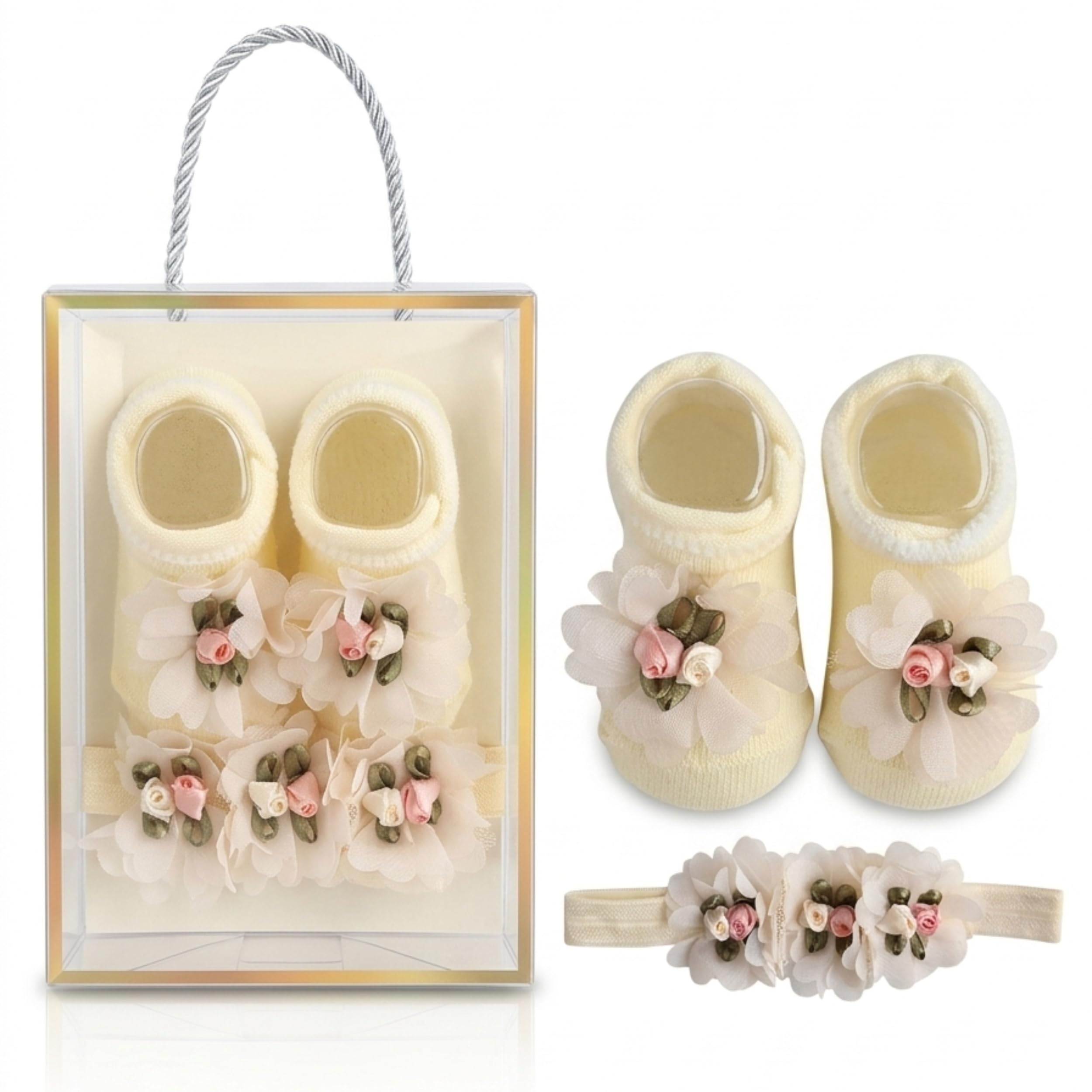 Newborn Baby Girl Gift Set – Soft Floral Booties with Matching Hair Band, Comfortable Infant Wear for 0–12 Months (1 Pair Shoes & 1 Headband)-image-37