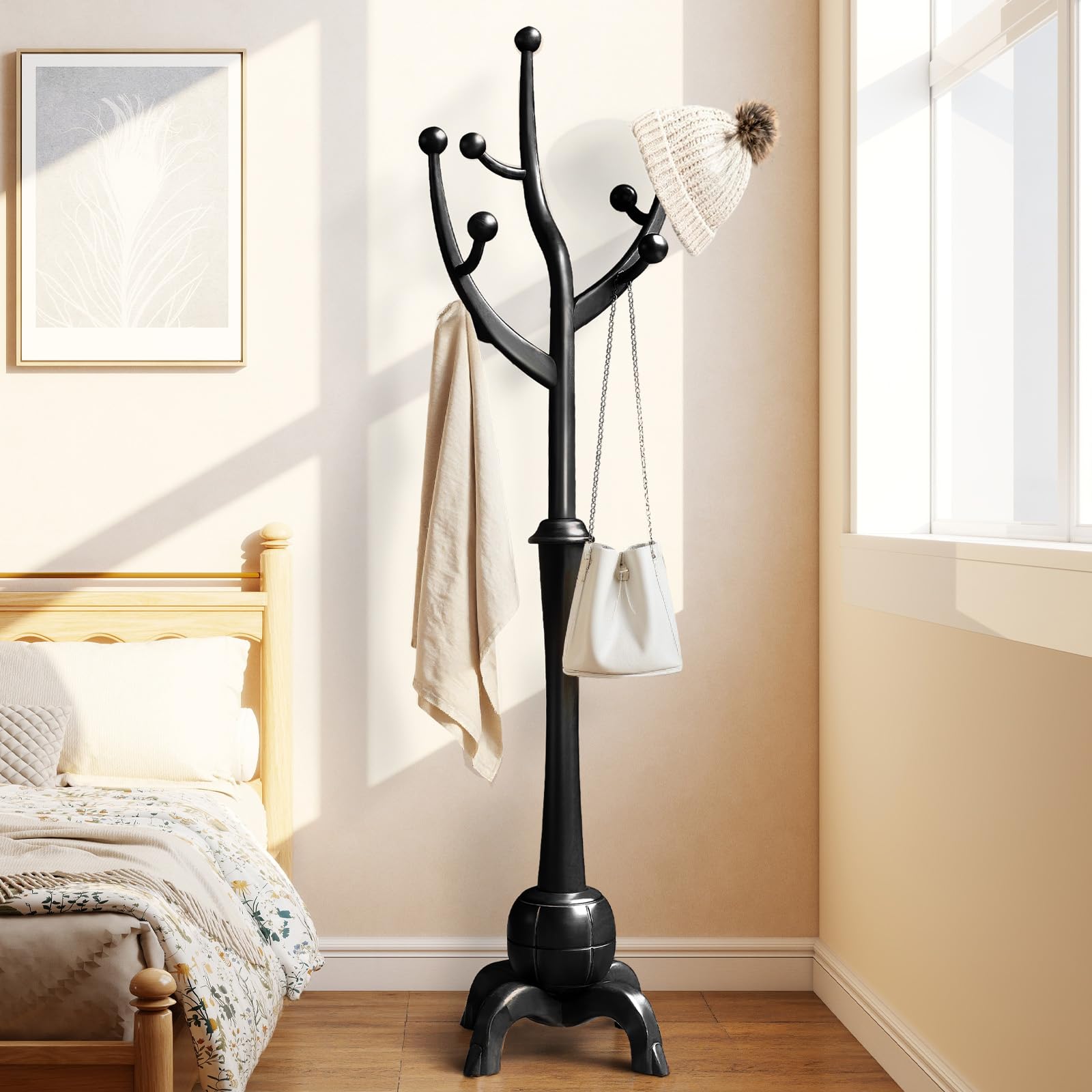 Heavy Duty Coat Rack Freestanding Wood Tree Rack with 8 Hooks