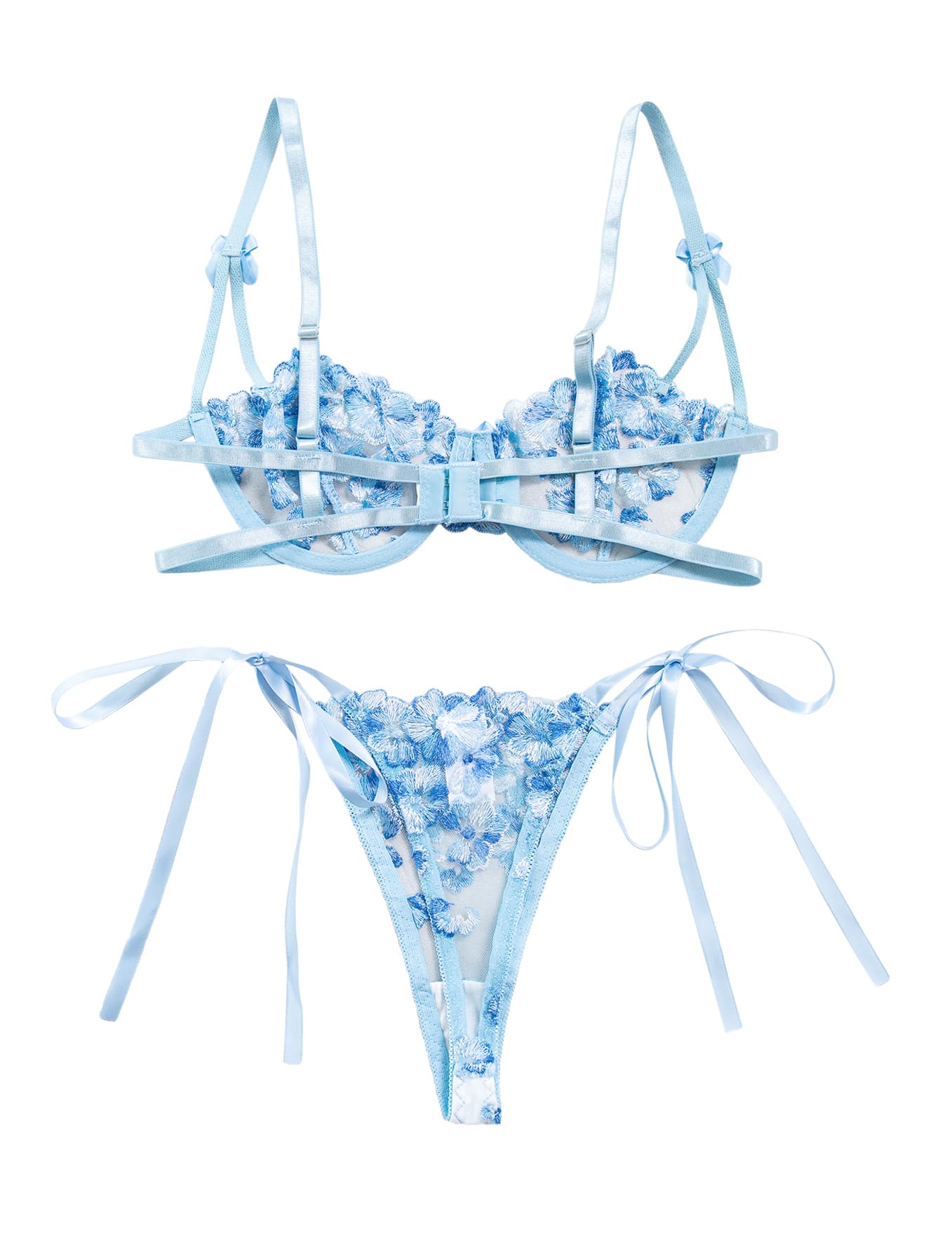 Lilosy Sexy Tie Side Cute Underwire Push Up Strappy Embroidered Mesh Sheer Lingerie Set: Bow 2X-Small Bow Plant Blue