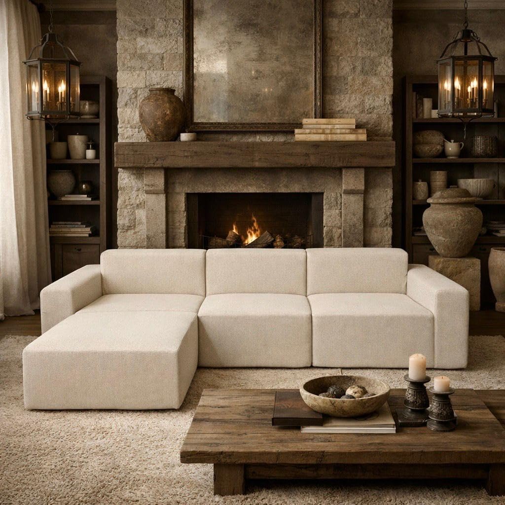 Couch - Sold Seperately - Indoor and Outdoor - Waterproof Sofa- Ottoman Modular Sectional Upholstered - Beige Linen (Beige Linen, Right Arm)