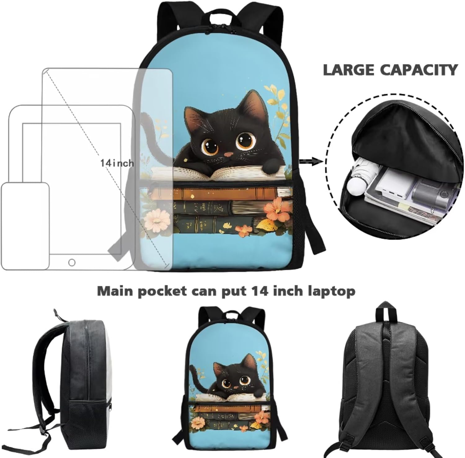 Cat Girls Backpack with Lunch Box Set Trendy Bookbag for Boys Bento Lunch Bag Soft Comfortable Kids Pencil Case Set Casual Daypack Backpacks Teen Lunchbox Pen Pouch for School