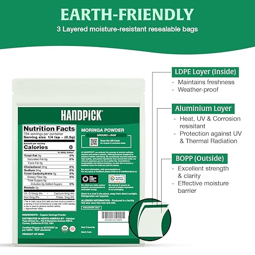Miniatura 2 de HANDPICK Polvo de Moringa Orgánico USDA (397g/14oz) Polvo Puro de Hoja de Moringa Oleífera Origen Auténtico Indio Sin Gluten, No GMO Perfecto