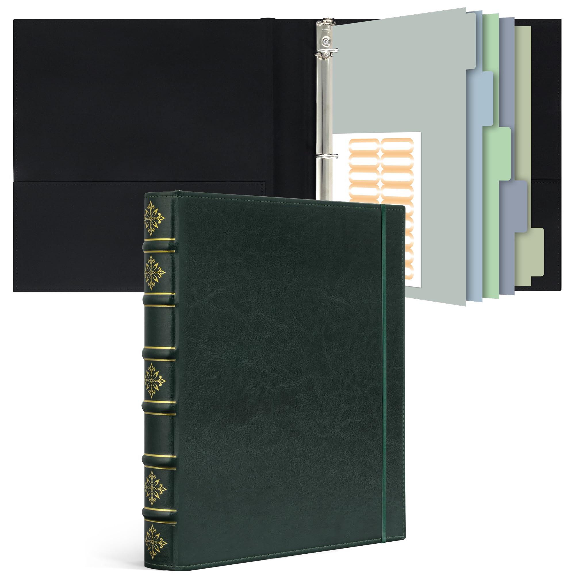 Ospelelf Vintage Leather 3 Ring Binder 1 Inch, Hardback D Ring Binder with Pockets and 5 Tab Dividers, Book Style Document Organizer Fits Letter Size