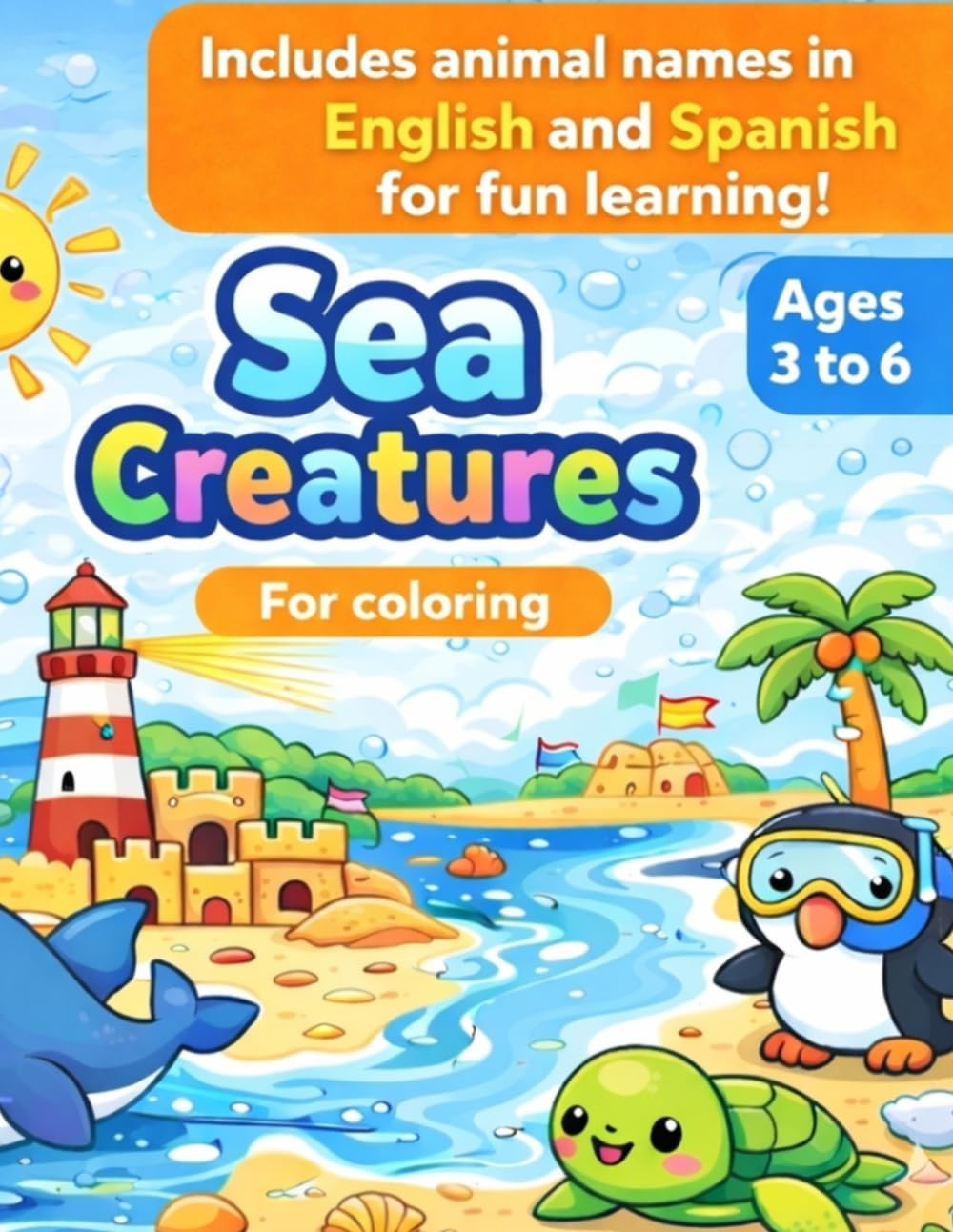 SEA CREATURES FOR COLORING: AGES 3 TO 6.INCLUDED ANIMAL NAMES IN ENGLISH AND SPANISH FOR FUN LEARNING!