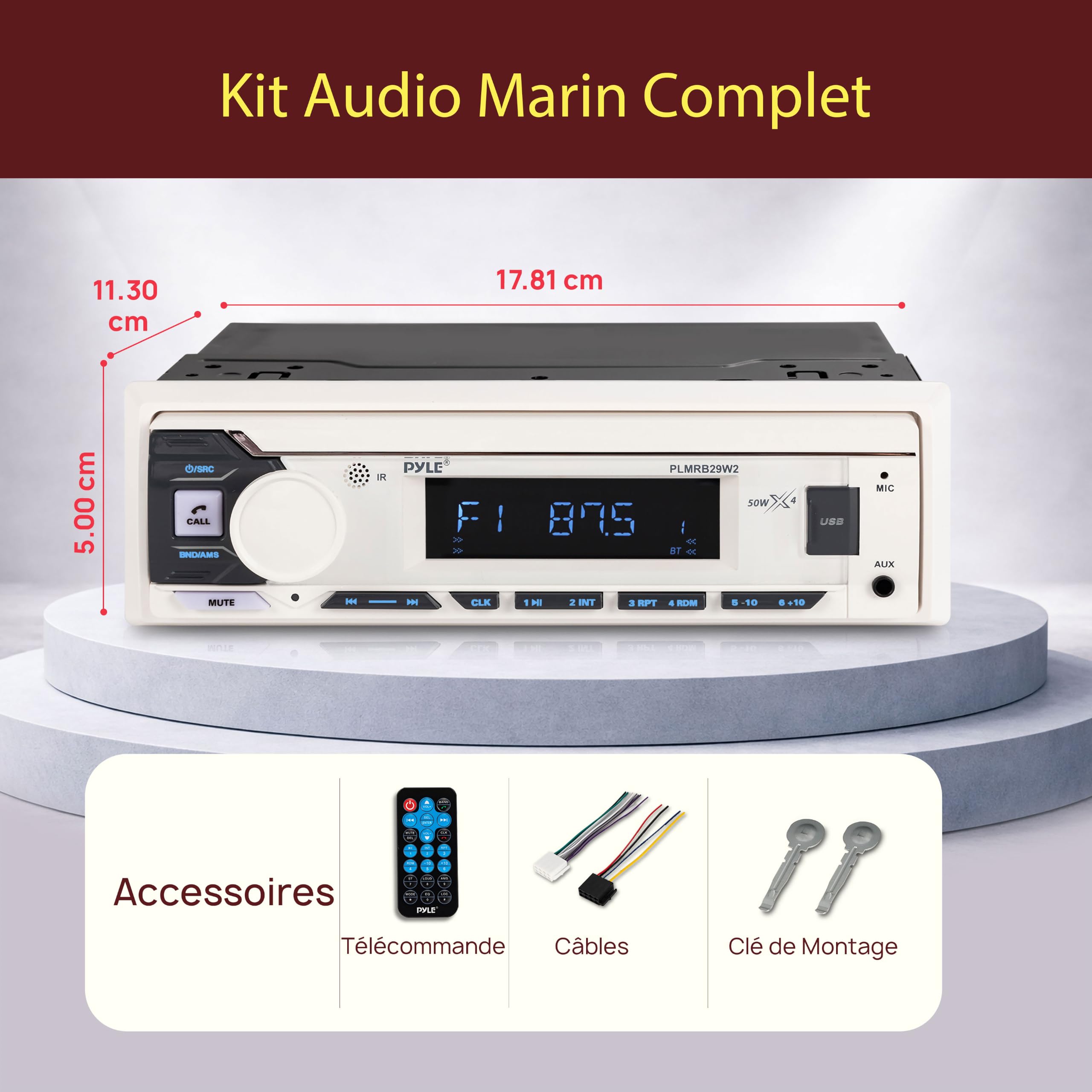 Pyle Autoradio Bluetooth Marin Single DIN, Récepteur Bateau Voiture - Blanc
