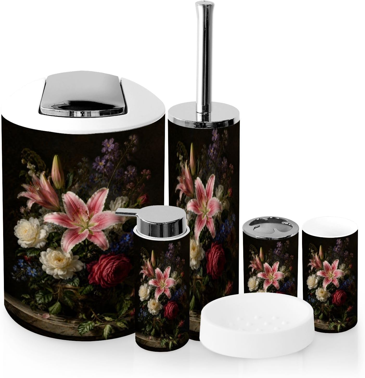 Bathroom Accessory Set 6 Piece Vibrant Floral Bouquet Rich Colors Petals Botanical Trash can, Toothbrush Holder, Toothbrush Cup, Soap Dispenser, Soap Dish, Toilet Brush Holder