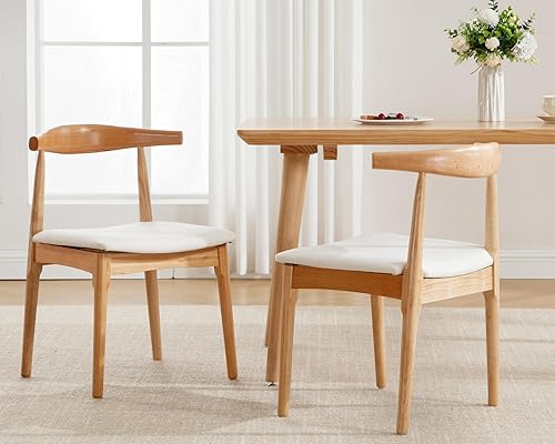VESCASA Juego de 2 sillas de comedor modernas de mediados de siglo, sillas de comedor tapizadas de lino beige, sillas de comedor de madera natural