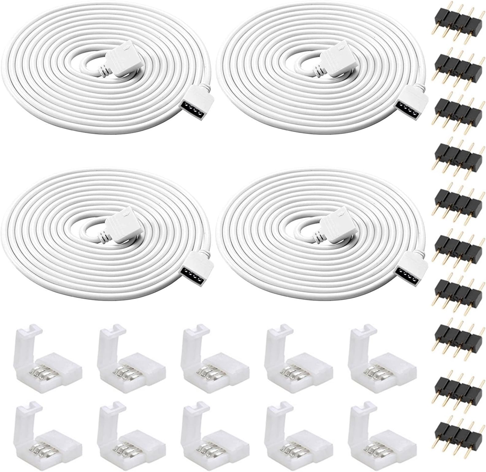 4 Pack 6.5Ft RGB Extension Cable LED Strip Connector 4 Pin Solderless Strip Jumper Cables Kit with 10 Pack 4 Male Pin Connector, 10 Pack 4 Pin RGB LED Strip Connectors for 5050 RGB LED Strip Light