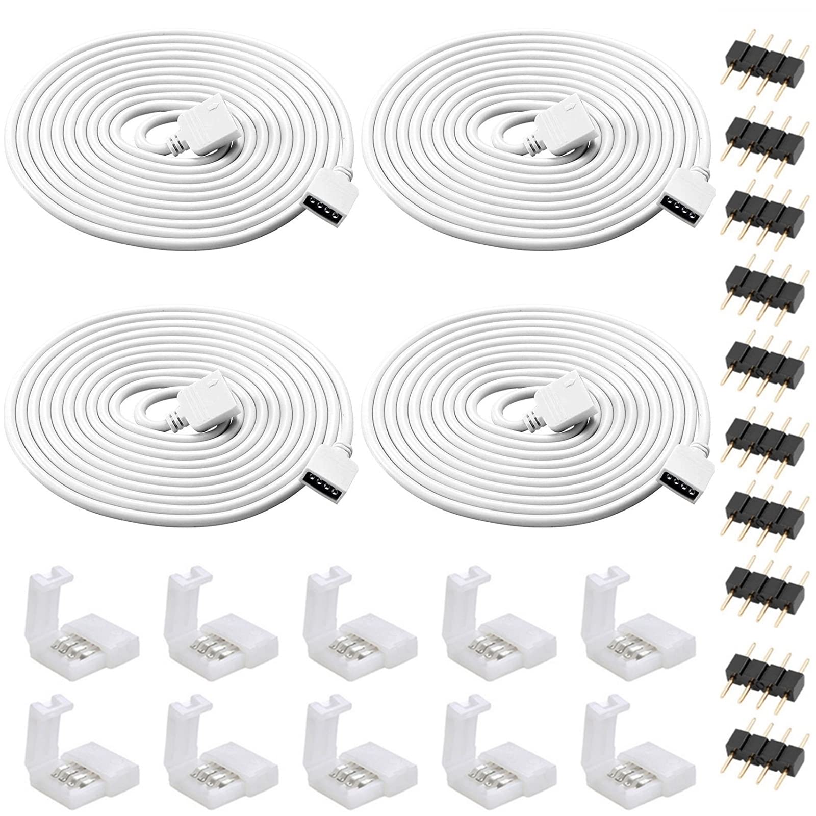 4 Pack 6.5Ft RGB Extension Cable LED Strip Connector 4 Pin Solderless Strip Jumper Cables Kit with 10 Pack 4 Male Pin Connector, 10 Pack 4 Pin RGB LED Strip Connectors for 5050 RGB LED Strip Light