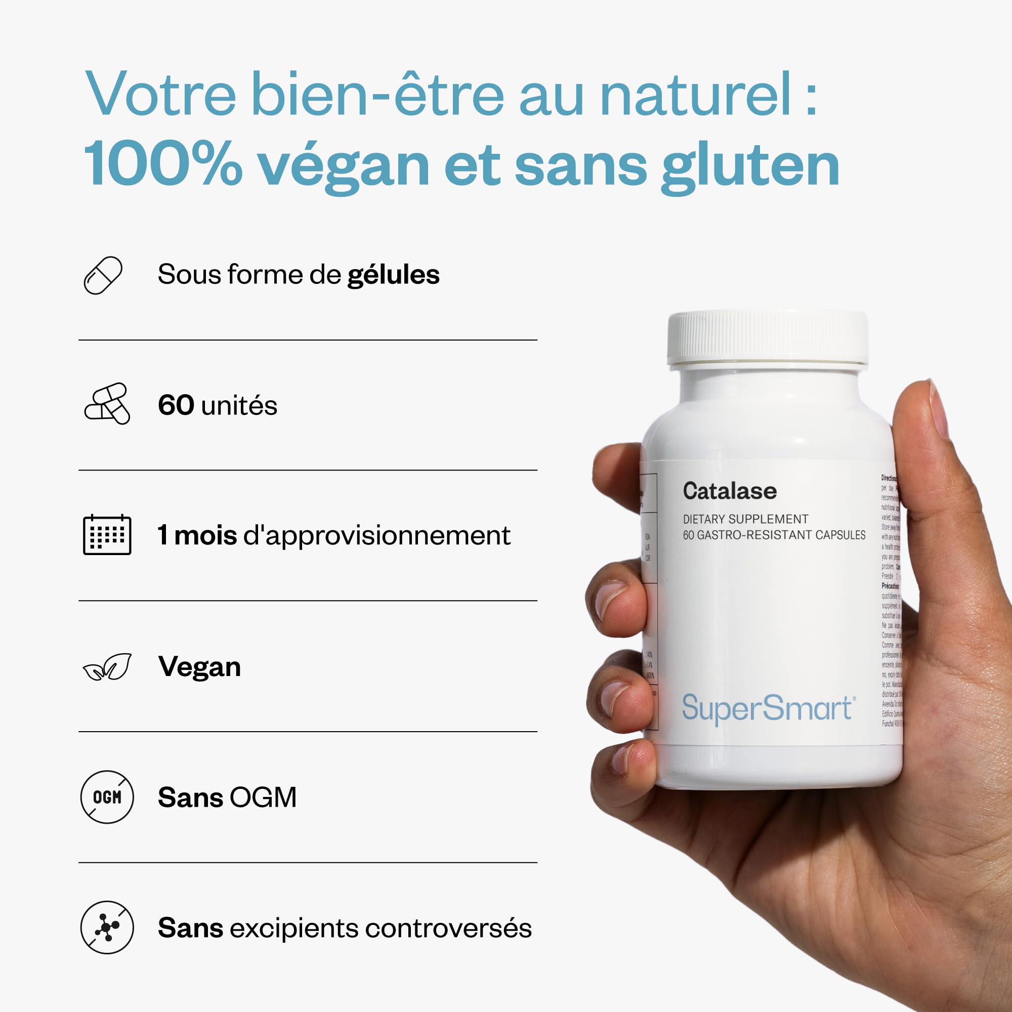Catalase Anti-Cheveux Blancs 60 gélules SuperSmart - Blanchiment Prématuré Poils - Anti-Âge - Restauration Couleur Naturelle - Vegan