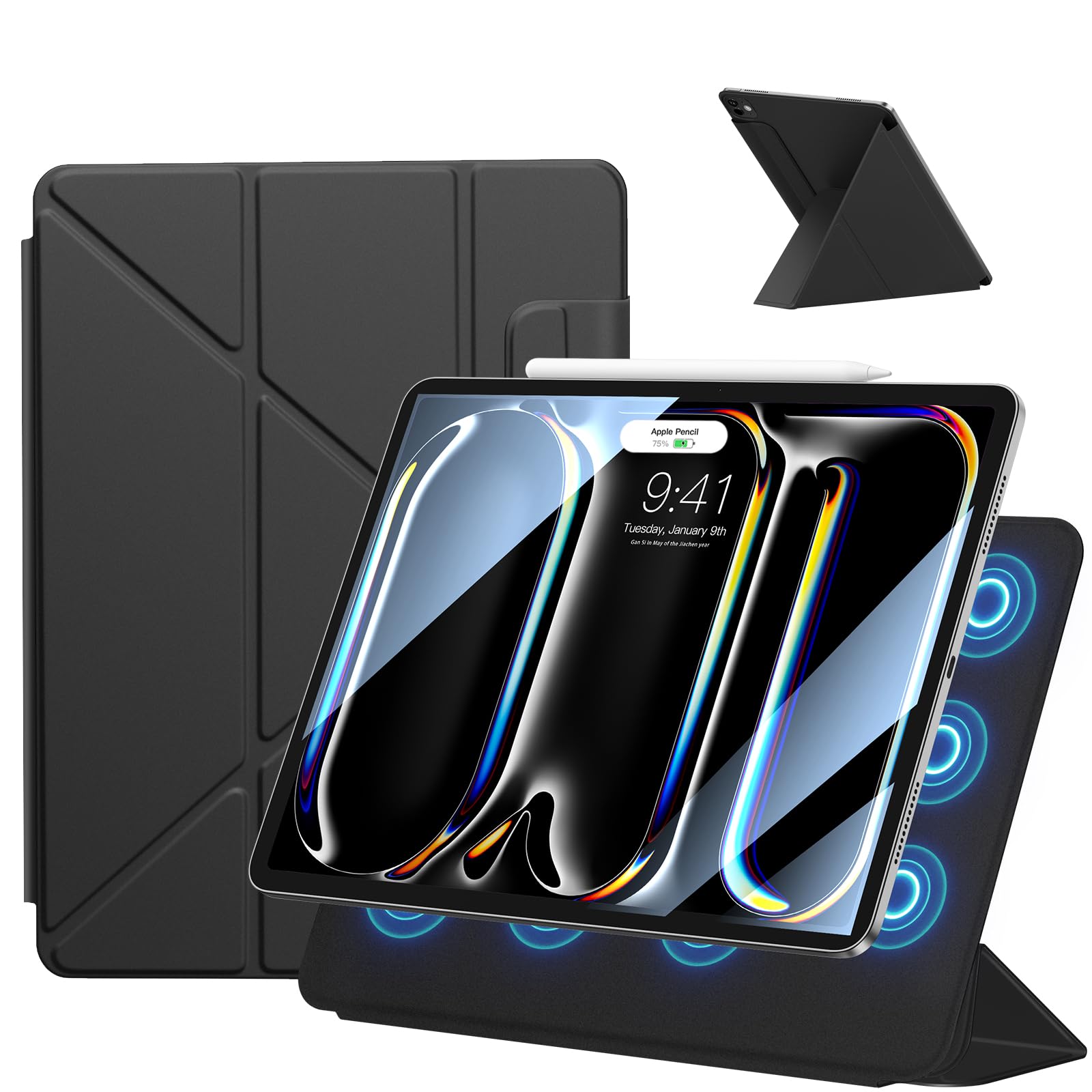 SANDUODD iPad Pro 12.9 Inch Case for 6th Generation 5th 4th Generation (2022/2021/2020) iPad Air 13-inch Case M2 2024 Universal Horizontal & Vertical Angle Adjustable Triangle Stand Strong Magnet - Pro 12.9インチ(2022/2021/2020) - Elegant black